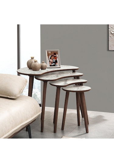 Vovvahome Moon 4lü Dörtlü Mdf Ahşap Zigon Sehpa - Beyaz Mermer