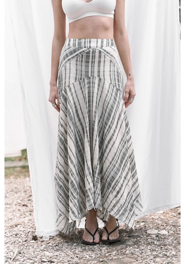 Peigi Çizgili Parçalı Siyah Midi Etek Siyah