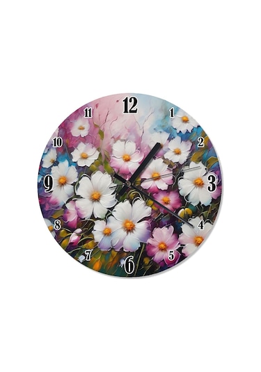 Beyaz Pembe Çiçekler Şekilli Duvar Saati Çok Renkli