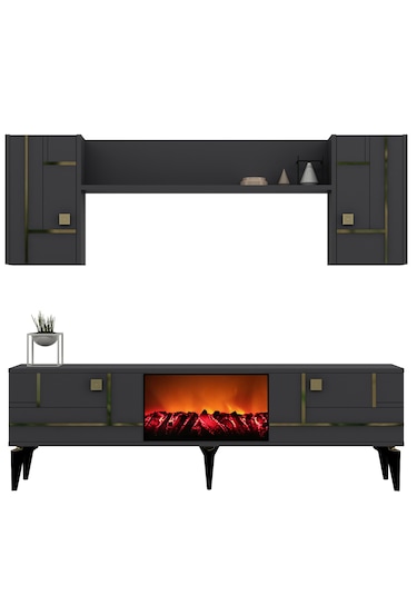 Maddera Şömineli Tv Ünitesi Takımı Antrasit-altın