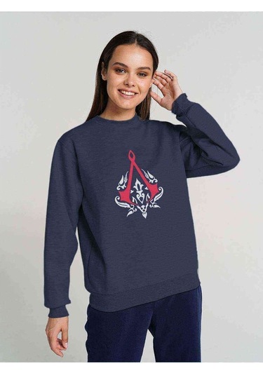Assassin'S Creed Baskılı Indigo Mavi Kadın Sweatshirt