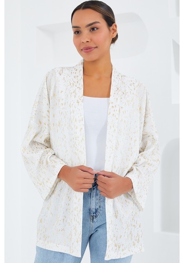 Bigdart Kadın Ekru Varaklı Örme Kimono 5925 001