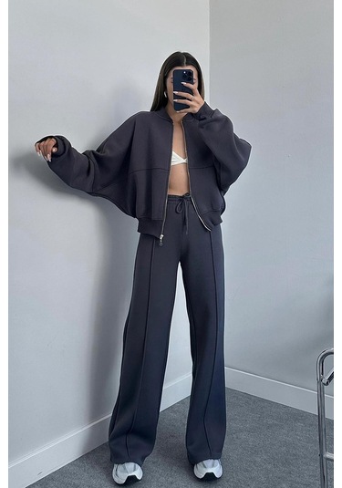 Dip Moda Kadın Pamuklu Kışlık Sweat Pantlon Eşofman Takımı Dpgts018 Antrasit