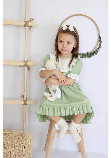 Kız Bebek Ruby Yeşil Fırfırlı Dantel Detaylı Kısa Kollu Elbise Bandana Takım Elb-0070.7 Yeşil