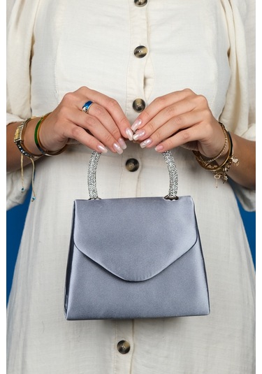 Luvishoes Monako Gri Saten Taşlı Kadın El Çantası Gri