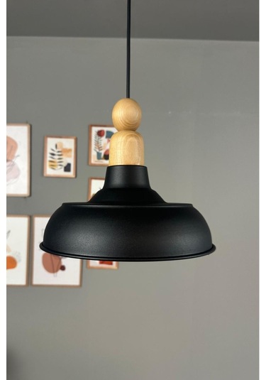 Veluna Siyah Boncuk Kalın Ahşap Başlık Tekli Avize Retro Sarkıt Ofis Showroom Salon Mutfak Avizeleri Siyah