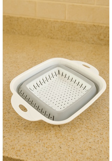 Yer Kaplamaz Katlanır Kare Süzgeç - Katlanabilir Kare Yıkama Süzgeci - Akordiyon Pirinç Süzgeci Beyaz - Gri