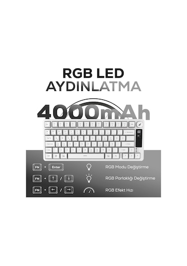 Hk255 Membrane Lcd Rgb Kablosuz/bluetooth Beyaz %75 Türkçe Gaming Oyuncu Klavye