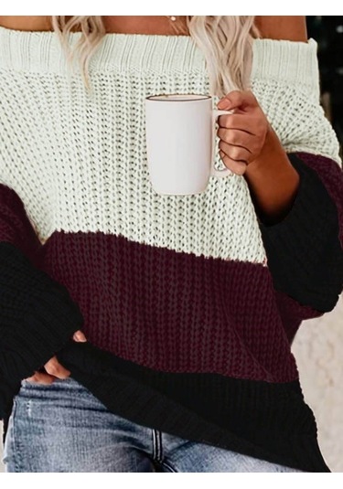 Kadın Uzun Kollu Madonna Yaka Çizgi Desenli Salaş Triko Antrasit Melanj