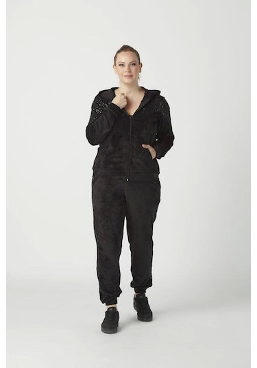 1927 Siyah Tam Kalıp Tarz Kapüşonlu Kadife Büyük Beden Eşofman Takımı Siyah