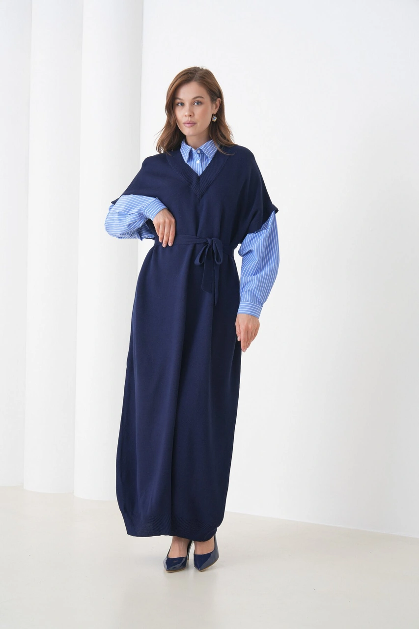 Kadın Uzun Kol Gömlek Yaka İçi Gömlekli Triko Kuşaklı Triko Spor Şık Elbise Lacivert