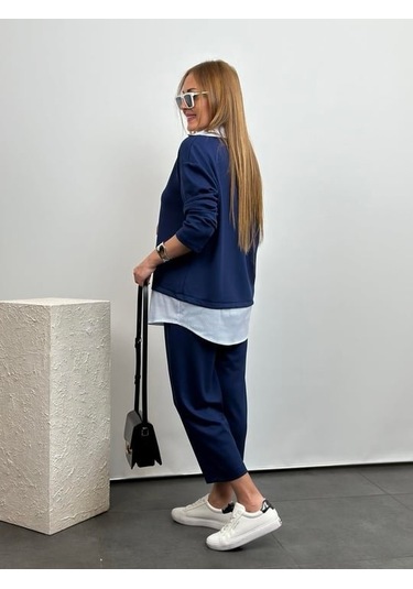 Polo Yaka Gömlekl Detay Salaş Balon Pantolunlu Ikılı Takım mavi