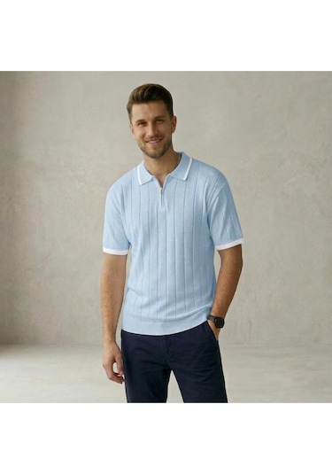 Fermuarlı Polo Yaka Kısa Kollu Triko T-shirt Bebe Mavi