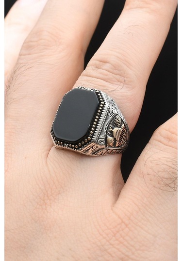 Mescidi Aksa Modelı Ve Allah Ve Muhammed Yazlı Oniks Taşlı 925 Ayar Gümüş Erkek Yüzük 902365 Gümüş