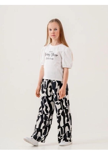 Kız Çocuk Pamuklu Desenli Pantolonlu Takım-15882 Beyaz