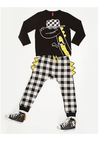Denokids Rap Dino Erkek Çocuk Pantolon Takım Siyah