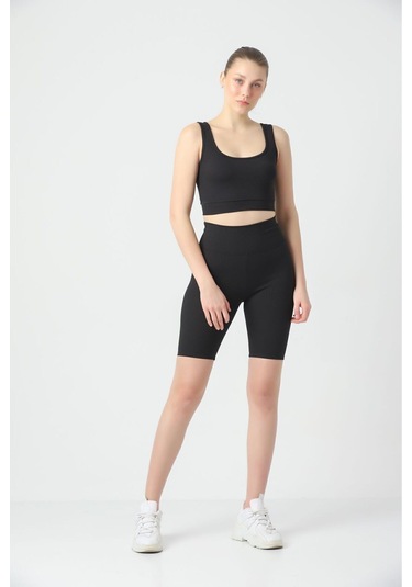 Kallima Siyah Toparlayıcı Fitilli Spor Crop-biker Tayt Takım Siyah
