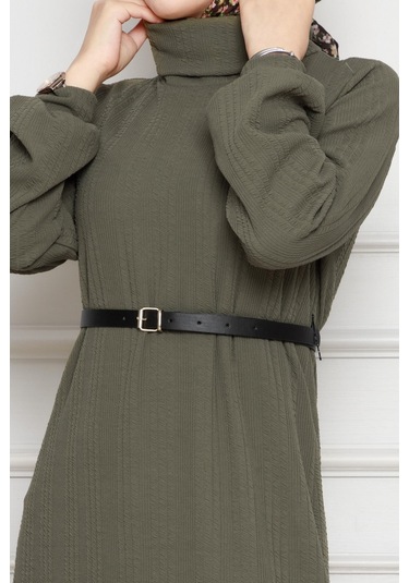 Balıkçı Yaka Kemerli Elbise-haki-4556 Haki