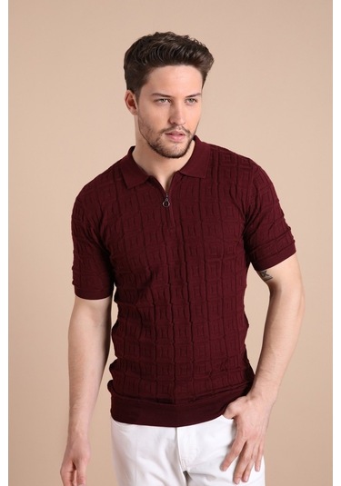Ferraro Bordo Polo Yaka Fermuarlı Erkek Pamuk Triko T-Shirt-Bordo (417942267) Bordo