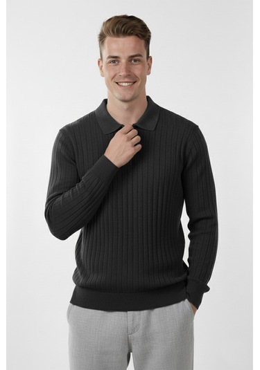 Deepsea Erkek Füme Slim Fit Polo Yaka Triko Kazak - Yumuşak Dokulu Esnek Ve Şık Görünüm 2605305 Füme