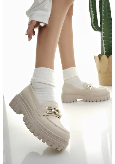 Muggo Samanta Garantili Kadın Loafer Kalın Taban Tokalı Günlük Casual Makosen Ayakkabı 001