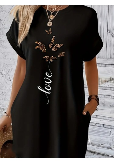 Kadın Kısa Kollu Bisiklet Yaka Cepli Kelebek Baskılı Viskon Elbise Çok renkli