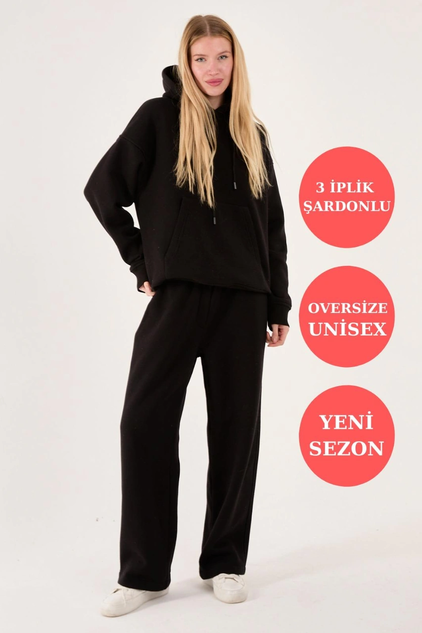 Q-4008 Kapüşonlu Üç İp Şardonlu Sweat Siyah