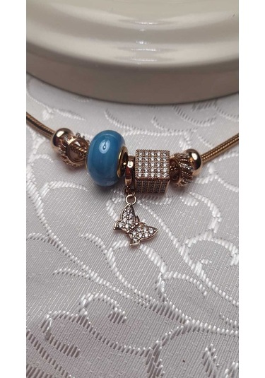 Uzel Xuping Gold Altın Renk Küp Taşlı, Mavi Boncuklu, Taşlı Kelebek Charmlı Çelik Bileklik Mavi
