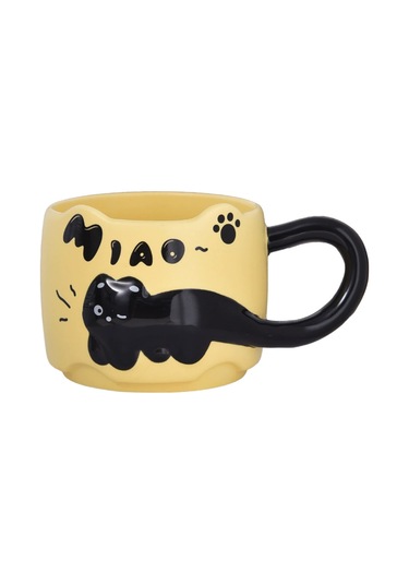 Suofeng Kedi Desenli Seramik Kupa Seti 380ml, Mikrodalga Güvenli, Kahve/süt İçin, Sarı, Ev Kullanıma Uygun Sarı