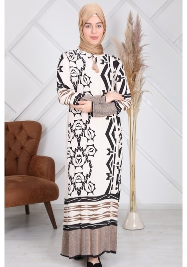 Reis Geometrik Desenli Viskon Tesettür ElbiseBeyaz