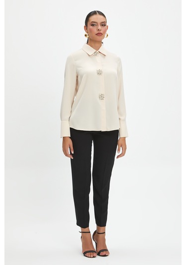 Kadın Taş Düğme Detaylı Gömlek - Bej