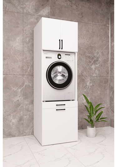 Mdf Çamaşır Makinesi Dolabı Sepetli Beyaz