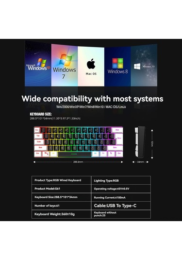 Yunboo 61 Tuşlu Rgb Aydınlatmalı Oyun Klavyesi - Kompakt Tasarım, Usb-c Bağlantı, Ergonomik