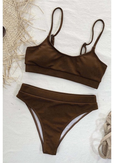 Angelsin Yüksek Bel Fitilli Kumaş Bikini Altı Kahverengi