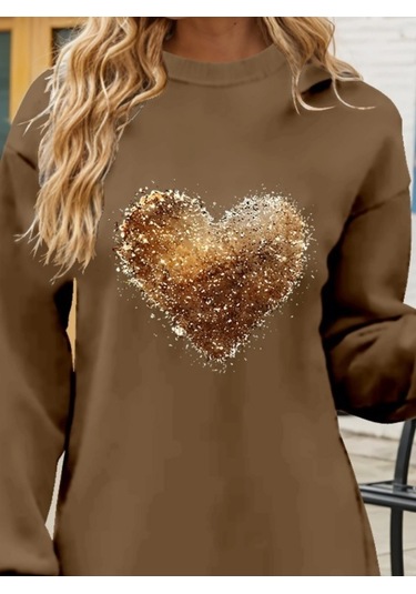 Kadın Uzun Kollu Bisiklet Yaka Kalp Desenli Viskon Iki Iplik Bluz Antrasit Melanj