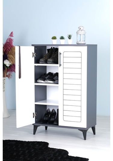 Luna 2 Kapaklı 4 Bölmeli Modern Ayakkabılık - Beyaz / Antrasit