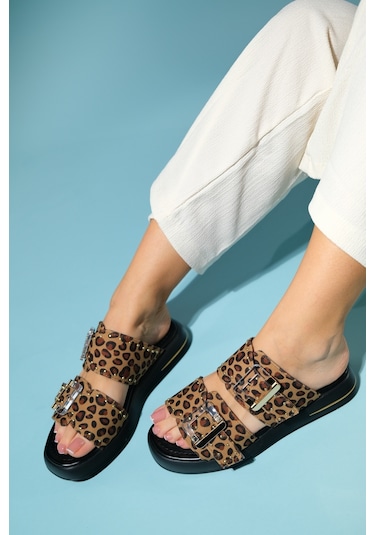 Luvishoes Zley Siyah Sarı Desenli Şeffaf Tokalı Kadın Terlik Siyah - Sarı