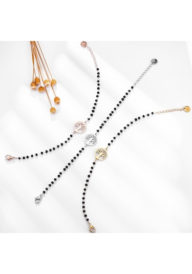 Gümüş Paslanmaz Çelik Hayat Ağacı Charm Bilezik Kadınlar Için Siyah Kristal Boncuk Zincirler Bilezik Kızın Parti Moda Kadın Takı