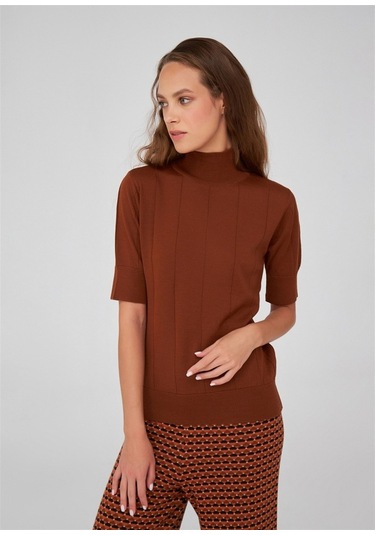 Peraluna Balıkçı Yaka Kısa Kollu Basic Kadın Triko Bluz Kahve-Kahve Kahverengi