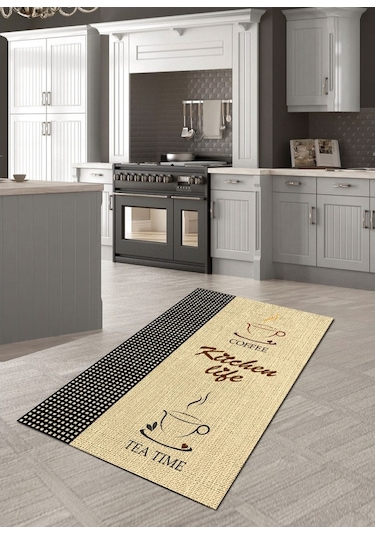 Kitchen Life Yazılı Kaymaz, Dökülmez Deri Taban Mutfak Halısı