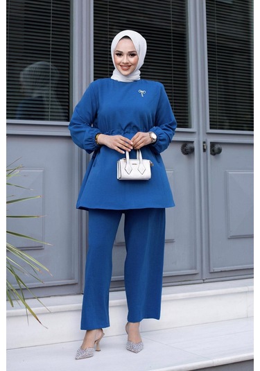Bronş Detaylı Tesettür İndigo Takım I Ndigo
