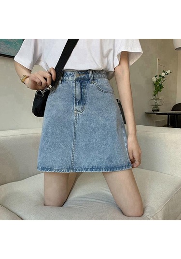 Açık Mavi Yaz Retro Basit Yüksek Bel Kot Etek Kadın Evaze Elbise Moda Yarım Uzunlukta Rahat Kısa Kot Pantolon Etek Açık Mavi