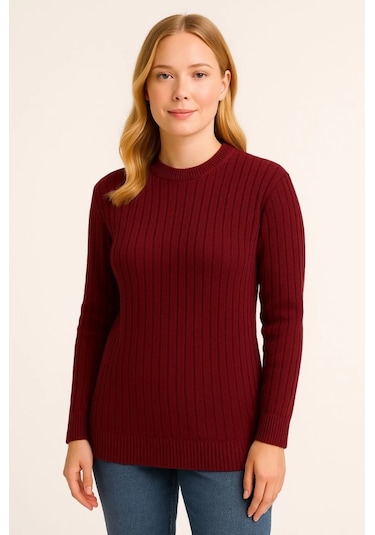 Bisiklet Yuvarlak Yaka Triko Kazak Pamuklu Kalın Fitilli Dokuma, Regular Fit Uzun Kollu Kışlık Model - Bordo Bordo