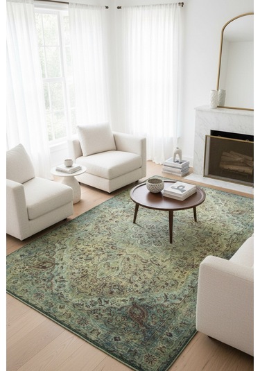 Blues Vintage Desenli Dokuma Taban Dekoratif Yeşil Halı Al 23 Renkli