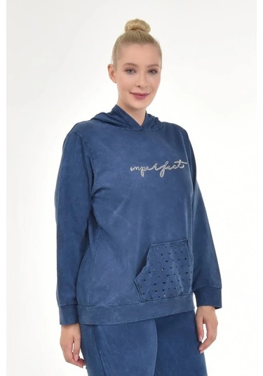 Kadın Büyük Beden İtalyan Yıkama Lacivert Kapşonlu Sweatshirt Lacivert