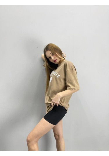 Flood Of Style Kadın Açık Kahve New Rochelle Baskılı Oversize Bisiklet Yaka Tshirt Lacivert