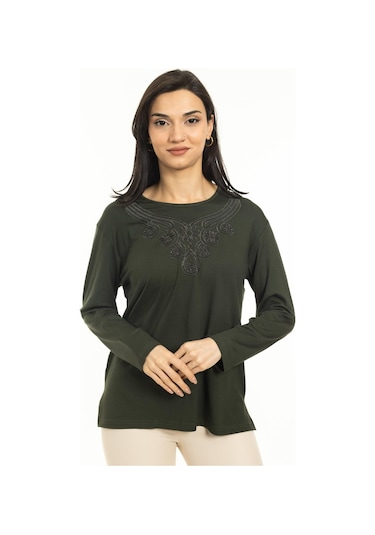 Kadın Orta Yaş Ve Üzeri Yeni Model Yuvarlak Yaka Likralı Anne Penye Bluz 30550-haki Yeşili Haki Yeşili