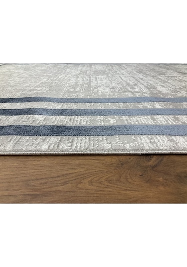 Saraz Halı Çerçeve Model Bambu Yıkanabilir Parlak Halı Mavi Çizgi Mavi-gri