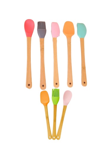 Mucit Home Renkli 8'li Bambu Saplı Silikon Uçlu Spatula Fırçalı Kaşık Seti Çok Renkli