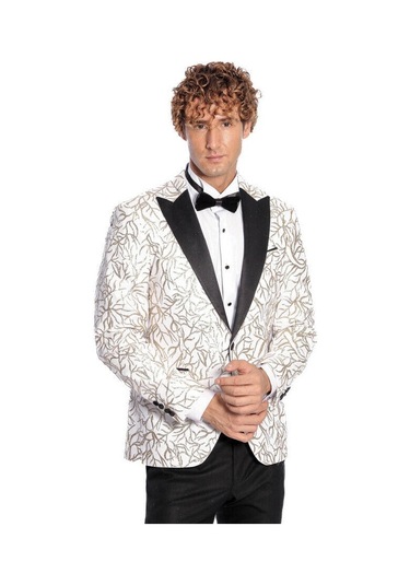 Wessi Işıltılı Sarmaşık Desenli Slim Fit Beyaz Erkek Smokin Ceket Beyaz